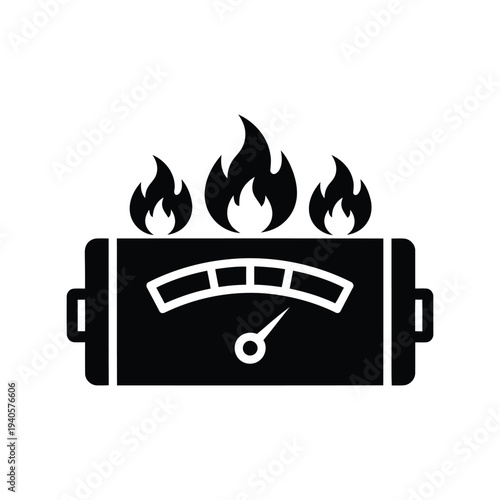 Hot temperature gauge vector silhouette icon with flames, black isolated warning symbol