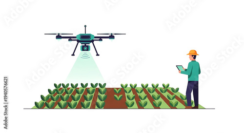 A farmer uses a drone to spray crops in a field while monitoring progress on a tablet