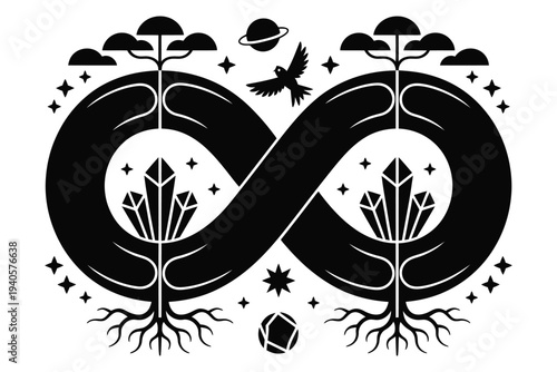Black infinity symbol loop design intertwined with crystal trees stars and flying bird cosmic nature concept