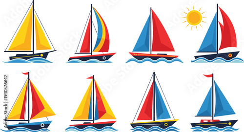 Vector sailboat illustration featuring eight colorful designs with vibrant sails, stylized waves, and cheerful maritime summer adventure themes