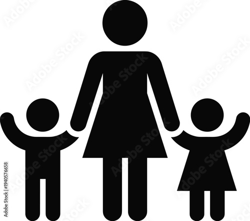 Mother with two children silhouette icon, parent holding kids hands, family care parenting concept vector illustration symbol