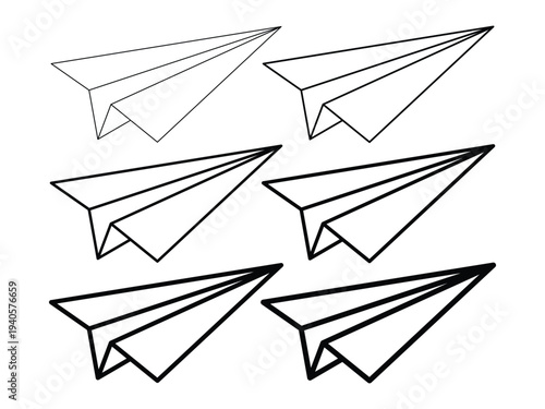 This collection of minimalist paper airplane icons features various stroke weights, making it ideal for representing travel, messaging, and creativity.