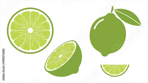 Minimalist Flat Vector Lime and Citrus Fruit Set with Whole, Half, and Slices