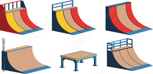 Vector skateboarding ramp illustration featuring six stylized designs including quarter pipes, half pipes, grind box, and colorful skatepark structures