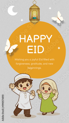 Cute Muslim Kids Character Illustration for Happy Eid Greeting