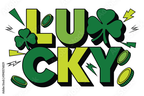 Colorful lucky lettering with shamrocks gold coins lightning bolts for st patricks day celebration graphic design