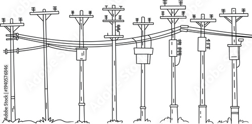 Black and white of utility poles with electrical wires and transformers in a linear arrangement