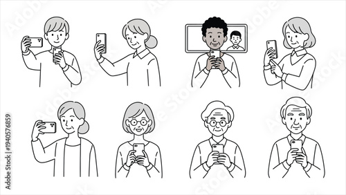 Minimalist Line Art Vector Set of Diverse People Using Smartphones and Mobile Technology