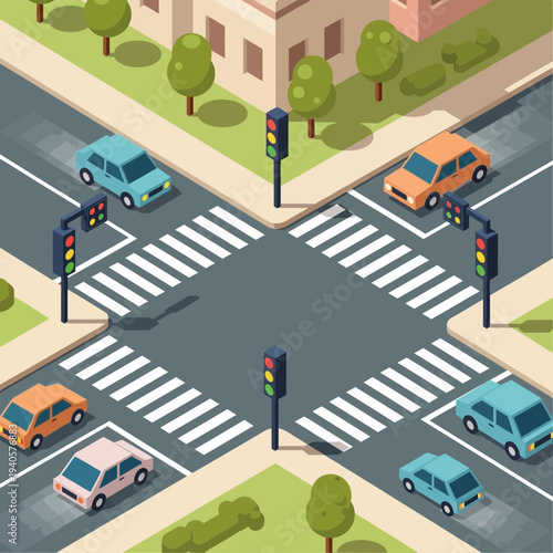 Isometric City Intersection with Cars, Crosswalks, and Traffic Lights