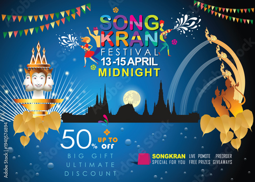 Songkran sale promotion banner for Songkran Festival Abstract background. Thai New Year Holiday. The Water Splash Festival. Vector and Illustration, EPS 10.