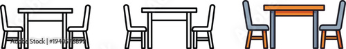Vector illustration of dining table with two chairs in line art and colored versions for furniture, interior, and design artwork