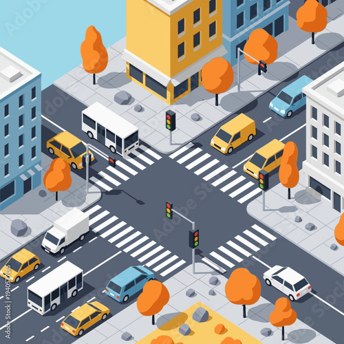 Isometric City Intersection with Traffic and Buildings