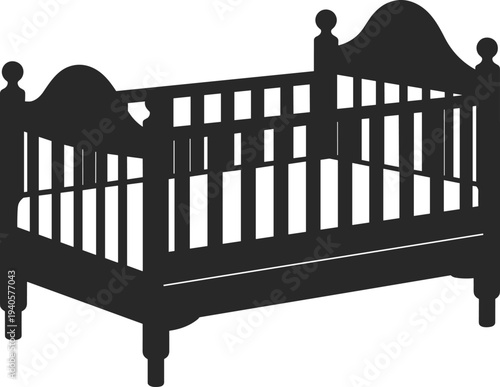 Baby crib silhouette vector illustration, wooden infant cot furniture for nursery room, newborn sleeping bed design icon