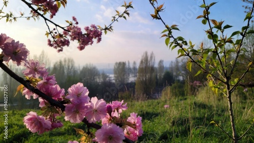 Serene spring morning with blossoming cherry trees in scenic park.