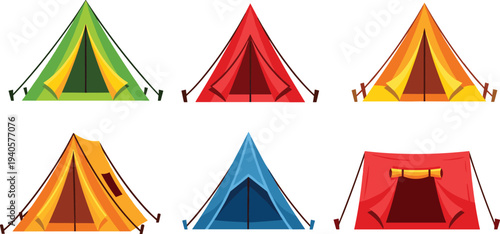 Vector camping tent illustration featuring six colorful cartoon designs with unique flaps, entrances, and outdoor adventure themes