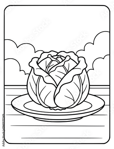 Cabbage coloring page shows a fresh vegetable on a plate with outdoor scenery