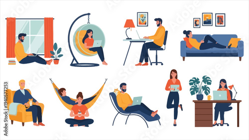  Remote Work and Freelance Life Set Diverse People Working on Laptops in Various Comfortable Home Environments and Relaxed Poses.