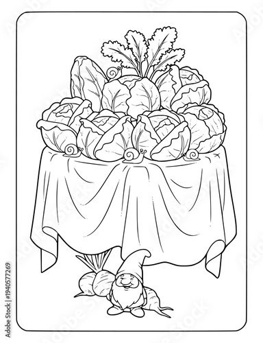 Cabbage coloring page features a garden gnome under a table with vegetables