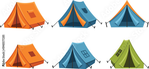 Vector camping tent illustration featuring six colorful cartoon designs with open flaps, ropes, stakes, windows, and outdoor adventure inspiration