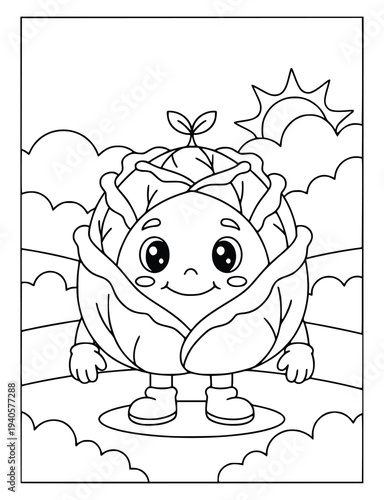 Cabbage coloring page featuring a cute vegetable character for children