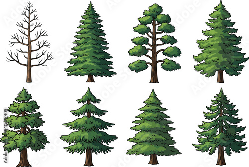Vector tree illustration featuring eight diverse designs including leafless branches, conical evergreens, rounded foliage clusters, and stylized seasonal variations