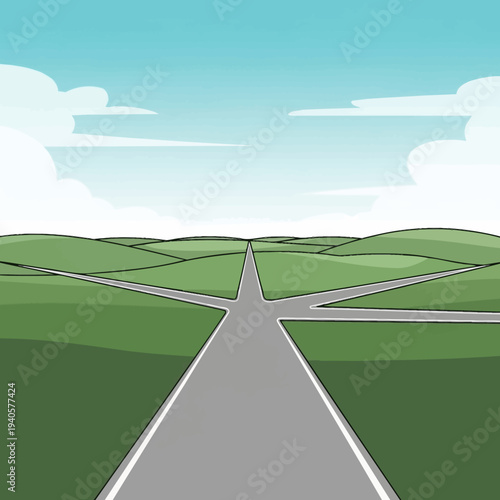 Crossroads of decision, multiple paths diverge in green landscape under blue sky