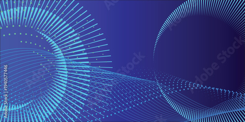 Futuristic blue abstract background with radial light rays, dots and flowing digital wave lines, neon technology data design