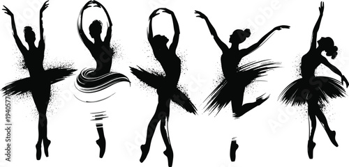 Five black silhouette ballerinas in dynamic dance poses with flowing tutus and expressive movements