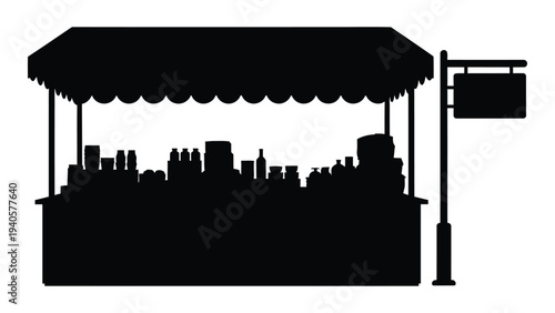 A black silhouette of a market stall with a city skyline