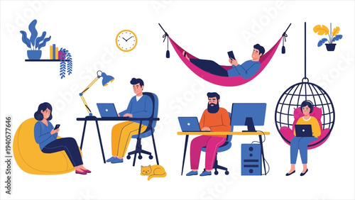 Work at Home Banner Flat Vector Illustration of Diverse Freelancers Working Remotely in Cozy Indoor Spaces.