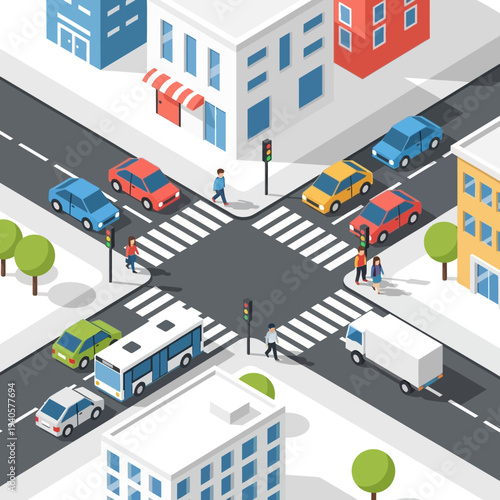 Isometric city intersection with cars, bus, and pedestrians at crosswalk