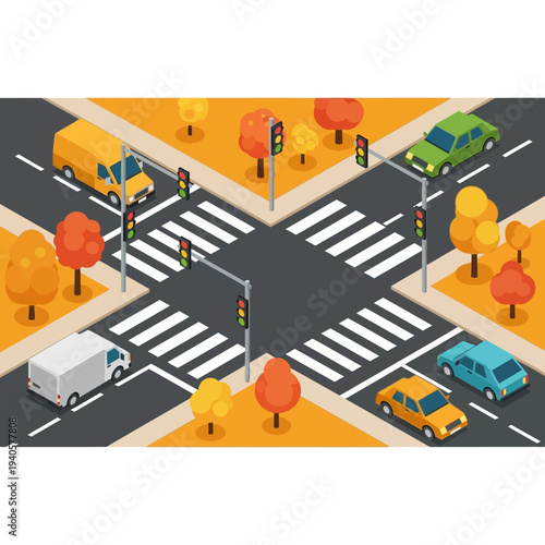 Isometric intersection with traffic lights, cars, and autumn trees