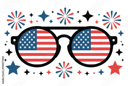 Patriotic sunglasses with american flag lenses surrounded by stars and fireworks celebrating independence day or fourth of july holiday