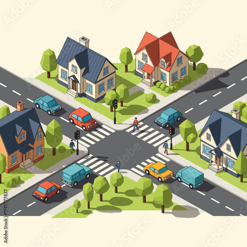 Isometric suburban intersection with houses, cars, and pedestrians