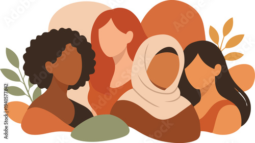 Diverse Women Portrait Community Flat Vector Illustration.