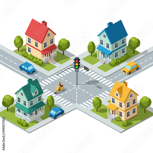 Isometric suburban intersection with houses, cars, traffic light, and trees