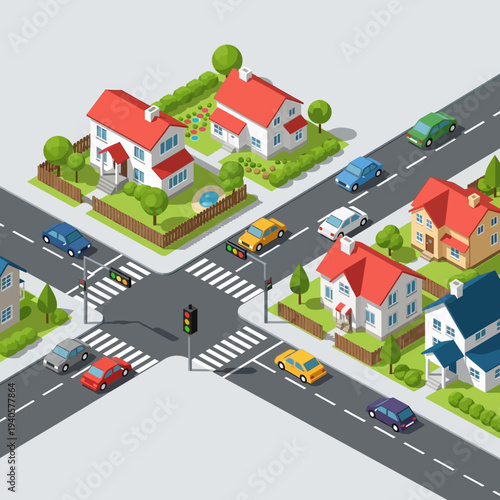 Isometric suburban intersection with houses, cars, and traffic lights