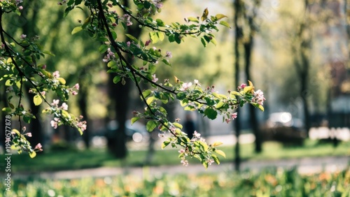 Springtime blossoms on tree branch in sunny park setting.