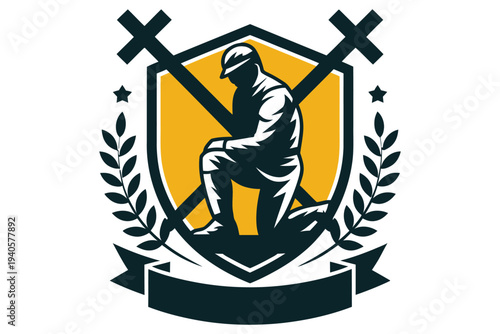 Respectful soldier kneeling with crossed rifles on a shield badge, symbolizing remembrance and honor for military service and veterans