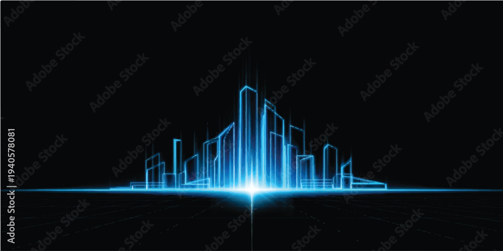 Naklejka premium A professional abstract blue wave background featuring a vector technology design with a financial growth bar chart and digital sound equalizer for a business market data report