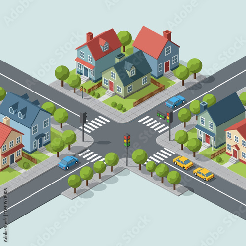 Isometric suburban neighborhood street intersection with houses and cars