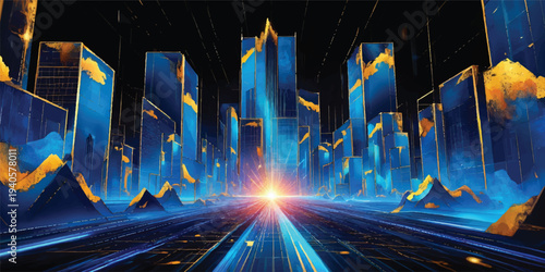 Abstract blue background of fiber optic cables with light spots creates a glowing laser stage design for a music concert or night club disco event