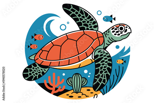 Sea turtle swimming with fish and coral in ocean wave on transparent background marine life illustration