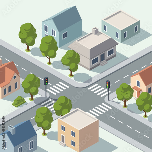 Isometric suburban street with houses, trees, and crosswalk