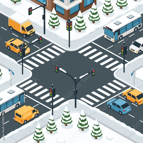 Isometric winter city intersection with cars, buses, and snow-covered trees
