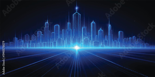 Abstract digital blue background with a wave equalizer and glowing tech lines over a night city skyline cityscape vector illustration