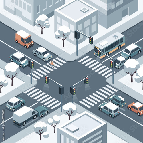 Isometric winter city intersection with traffic, cars, bus, and snow