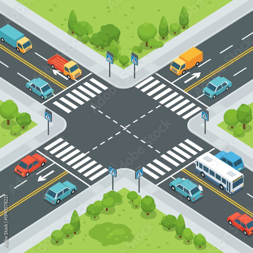 Isometric Crossroads Intersection with Traffic Flow, Cars, Trucks, and Bus