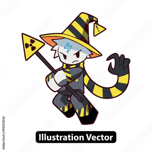 A cartoon character wizard illustration in dynamic pose with magic staff and striped costume