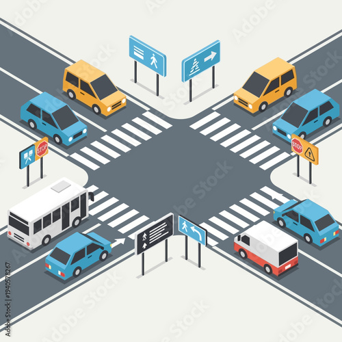 Isometric Crossroads Traffic Intersection with Cars, Bus, and Pedestrian Crossings